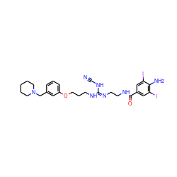 N#CN/C(=N\CCNC(=O)c1cc(I)c(N)c(I)c1)NCCCOc1cccc(CN2CCCCC2)c1 ZINC000026293348