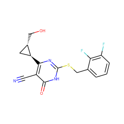 N#Cc1c([C@H]2C[C@@H]2CO)nc(SCc2cccc(F)c2F)[nH]c1=O ZINC000146720279