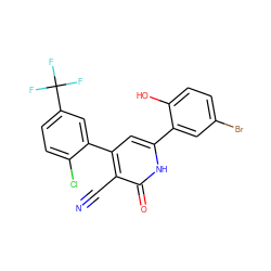 N#Cc1c(-c2cc(C(F)(F)F)ccc2Cl)cc(-c2cc(Br)ccc2O)[nH]c1=O ZINC000028821560