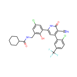 N#Cc1c(-c2cc(C(F)(F)F)ccc2Cl)cc(-c2cc(Cl)cc(CNC(=O)C3CCCCC3)c2O)[nH]c1=O ZINC000028821577