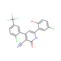 N#Cc1c(-c2cc(C(F)(F)F)ccc2Cl)cc(-c2cc(Cl)ccc2O)[nH]c1=O ZINC000028821562