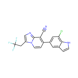 N#Cc1c(-c2cc(Cl)c3[nH]ccc3c2)ccn2c(CC(F)(F)F)cnc12 ZINC000095576681