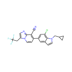 N#Cc1c(-c2cc(Cl)c3c(ccn3CC3CC3)c2)ccn2c(CC(F)(F)F)cnc12 ZINC000068206796