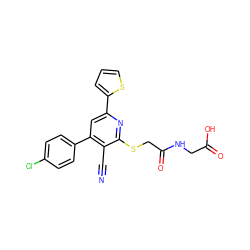 N#Cc1c(-c2ccc(Cl)cc2)cc(-c2cccs2)nc1SCC(=O)NCC(=O)O ZINC000008382669