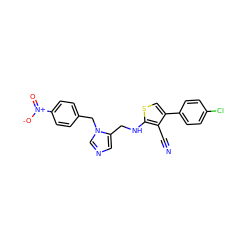 N#Cc1c(-c2ccc(Cl)cc2)csc1NCc1cncn1Cc1ccc([N+](=O)[O-])cc1 ZINC000653784818