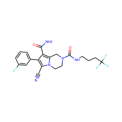 N#Cc1c(-c2cccc(F)c2)c(C(N)=O)c2n1CCN(C(=O)NCCCC(F)(F)F)C2 ZINC000223347506