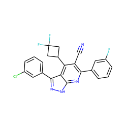 N#Cc1c(-c2cccc(F)c2)nc2[nH]nc(-c3cccc(Cl)c3)c2c1C1CC(F)(F)C1 ZINC001772611399