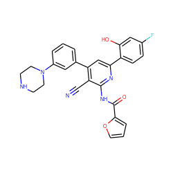 N#Cc1c(-c2cccc(N3CCNCC3)c2)cc(-c2ccc(F)cc2O)nc1NC(=O)c1ccco1 ZINC000034783317