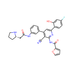 N#Cc1c(-c2cccc(NC(=O)C[C@@H]3CCCN3)c2)cc(-c2ccc(F)cc2O)nc1NC(=O)c1ccco1 ZINC000053294651