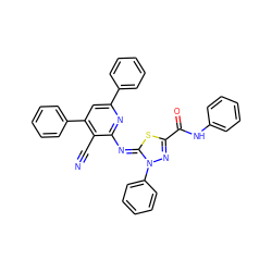 N#Cc1c(-c2ccccc2)cc(-c2ccccc2)nc1/N=c1\sc(C(=O)Nc2ccccc2)nn1-c1ccccc1 ZINC000299864741