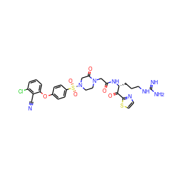 N#Cc1c(Cl)cccc1Oc1ccc(S(=O)(=O)N2CCN(CC(=O)N[C@H](CCCNC(=N)N)C(=O)c3nccs3)C(=O)C2)cc1 ZINC000027763732