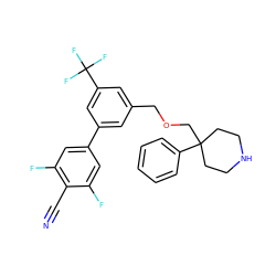 N#Cc1c(F)cc(-c2cc(COCC3(c4ccccc4)CCNCC3)cc(C(F)(F)F)c2)cc1F ZINC000201220111