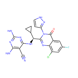 N#Cc1c(N)nc(N)nc1N[C@H](c1nc2c(Cl)cc(F)cc2c(=O)n1-c1cc[nH]n1)C1CC1 ZINC001772615493