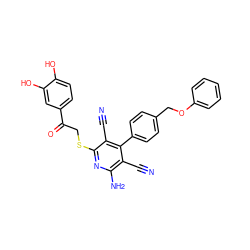 N#Cc1c(N)nc(SCC(=O)c2ccc(O)c(O)c2)c(C#N)c1-c1ccc(COc2ccccc2)cc1 ZINC001772652746