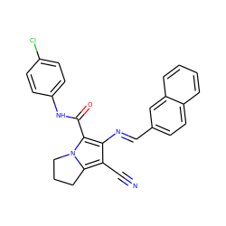 N#Cc1c(N=Cc2ccc3ccccc3c2)c(C(=O)Nc2ccc(Cl)cc2)n2c1CCC2 ZINC001772631656