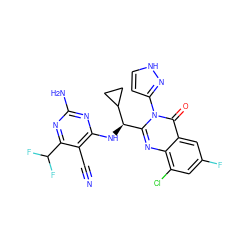 N#Cc1c(N[C@H](c2nc3c(Cl)cc(F)cc3c(=O)n2-c2cc[nH]n2)C2CC2)nc(N)nc1C(F)F ZINC001772614493