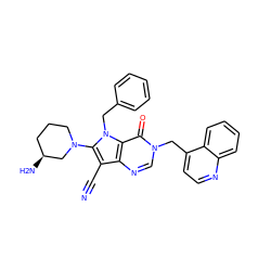 N#Cc1c(N2CCC[C@H](N)C2)n(Cc2ccccc2)c2c(=O)n(Cc3ccnc4ccccc34)cnc12 ZINC000073278897