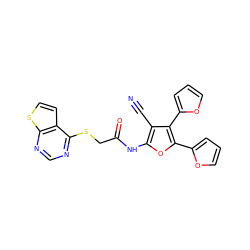 N#Cc1c(NC(=O)CSc2ncnc3sccc23)oc(-c2ccco2)c1-c1ccco1 ZINC000003305958