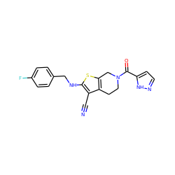 N#Cc1c(NCc2ccc(F)cc2)sc2c1CCN(C(=O)c1ccn[nH]1)C2 ZINC000299866771