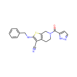 N#Cc1c(NCc2ccccc2)sc2c1CCN(C(=O)c1ccn[nH]1)C2 ZINC000299868021