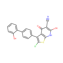 N#Cc1c(O)[nH]c2sc(Cl)c(-c3ccc(-c4ccccc4O)cc3)c2c1=O ZINC000036424742