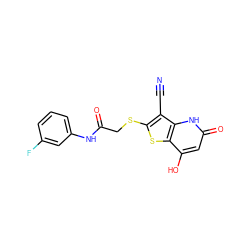 N#Cc1c(SCC(=O)Nc2cccc(F)c2)sc2c(O)cc(=O)[nH]c12 ZINC000013119401