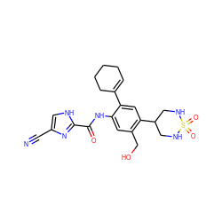 N#Cc1c[nH]c(C(=O)Nc2cc(CO)c(C3CNS(=O)(=O)NC3)cc2C2=CCCCC2)n1 ZINC000118233752