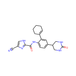 N#Cc1c[nH]c(C(=O)Nc2ccc(C3CNC(=O)NC3)cc2C2=CCCCC2)n1 ZINC000053294373