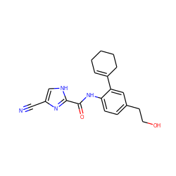 N#Cc1c[nH]c(C(=O)Nc2ccc(CCO)cc2C2=CCCCC2)n1 ZINC000103285603