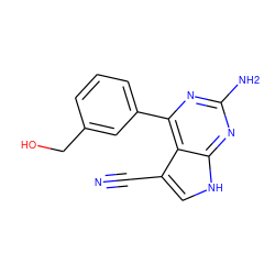 N#Cc1c[nH]c2nc(N)nc(-c3cccc(CO)c3)c12 ZINC001772604381