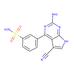 N#Cc1c[nH]c2nc(N)nc(-c3cccc(S(N)(=O)=O)c3)c12 ZINC001772588879