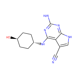 N#Cc1c[nH]c2nc(N)nc(N[C@H]3CC[C@H](O)CC3)c12 ZINC001772570962