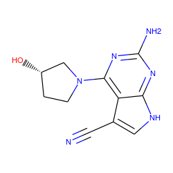 N#Cc1c[nH]c2nc(N)nc(N3CC[C@H](O)C3)c12 ZINC001772598930