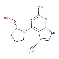 N#Cc1c[nH]c2nc(N)nc(N3CCC[C@@H]3CO)c12 ZINC001772582138