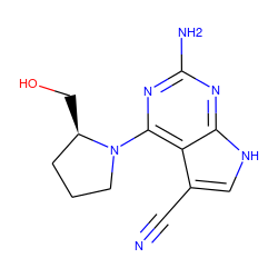 N#Cc1c[nH]c2nc(N)nc(N3CCC[C@H]3CO)c12 ZINC001772640650