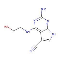 N#Cc1c[nH]c2nc(N)nc(NCCO)c12 ZINC001772655314