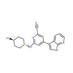 N#Cc1cc(-c2c[nH]c3ncccc23)cc(N[C@H]2CC[C@H](O)CC2)n1 ZINC000261169673