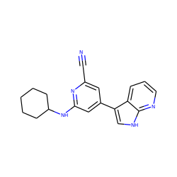 N#Cc1cc(-c2c[nH]c3ncccc23)cc(NC2CCCCC2)n1 ZINC000095585792