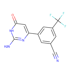 N#Cc1cc(-c2cc(=O)[nH]c(N)n2)cc(C(F)(F)F)c1 ZINC000103254709