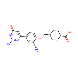 N#Cc1cc(-c2cc(=O)[nH]c(N)n2)ccc1OCC1CCC(C(=O)O)CC1 ZINC000095581403