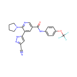 N#Cc1cc(-c2cc(C(=O)Nc3ccc(OC(F)(F)F)cc3)cnc2N2CCCC2)[nH]n1 ZINC000224372582