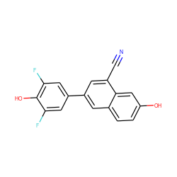 N#Cc1cc(-c2cc(F)c(O)c(F)c2)cc2ccc(O)cc12 ZINC000013645148