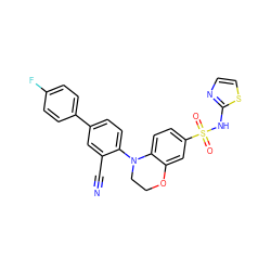 N#Cc1cc(-c2ccc(F)cc2)ccc1N1CCOc2cc(S(=O)(=O)Nc3nccs3)ccc21 ZINC000220313494