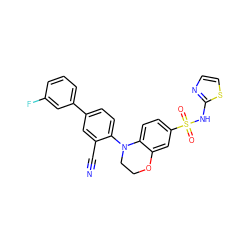 N#Cc1cc(-c2cccc(F)c2)ccc1N1CCOc2cc(S(=O)(=O)Nc3nccs3)ccc21 ZINC000205733052