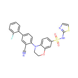 N#Cc1cc(-c2ccccc2F)ccc1N1CCOc2cc(S(=O)(=O)Nc3nccs3)ccc21 ZINC000220312706