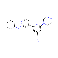 N#Cc1cc(-c2ccnc(NC3CCCCC3)c2)nc(N2CCNCC2)c1 ZINC000058582674