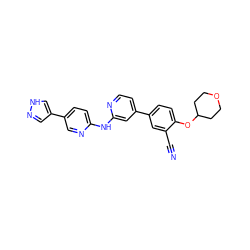 N#Cc1cc(-c2ccnc(Nc3ccc(-c4cn[nH]c4)cn3)c2)ccc1OC1CCOCC1 ZINC000146539686