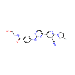 N#Cc1cc(-c2ccnc(Nc3ccc(C(=O)NCCO)cc3)n2)cnc1N1CC[C@H](F)C1 ZINC000221966393