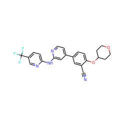 N#Cc1cc(-c2ccnc(Nc3ccc(C(F)(F)F)cn3)c2)ccc1OC1CCOCC1 ZINC000146495359