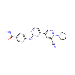 N#Cc1cc(-c2ccnc(Nc3ccc(C(N)=O)cc3)n2)cnc1N1CCCC1 ZINC000221216889